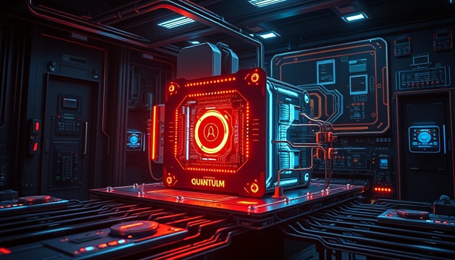 Futuristic quantum computer with glowing circuits in a dark room.