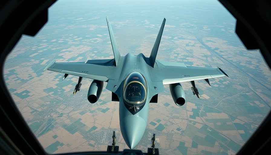 Cockpit view of a military jet flying over terrain, related to Russia jamming Ukraine’s precision glide bombs.