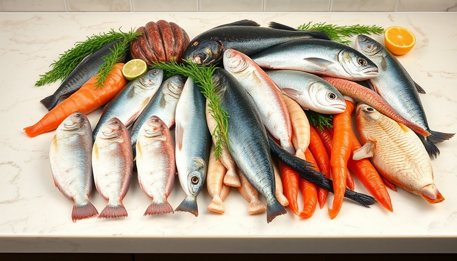 Assorted seafood including fish and shellfish on marble surface, cell-cultivated.