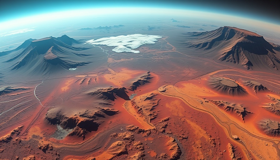 Colorful satellite image of Mars glaciers showing terrain variations.