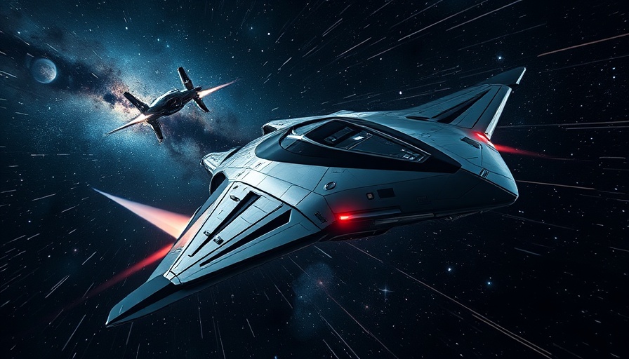 Futuristic spaceship exploring deep space with galaxy.