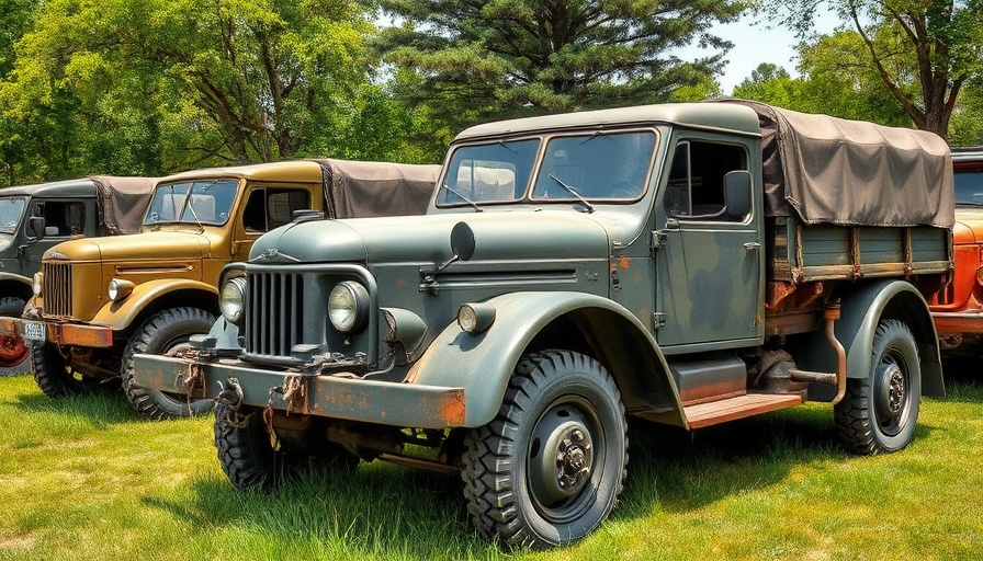 Vintage Russian military vehicles displayed outdoors.
