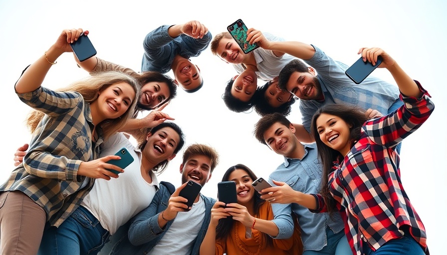 Diverse group with smartphones symbolizing online connection.