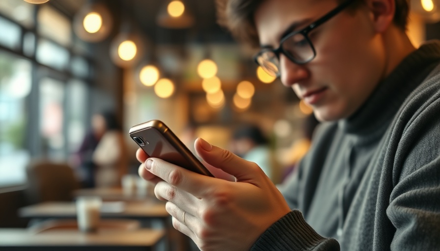 Close-up of hands holding a smartphone in a cafe, representing excessive screen time depression.