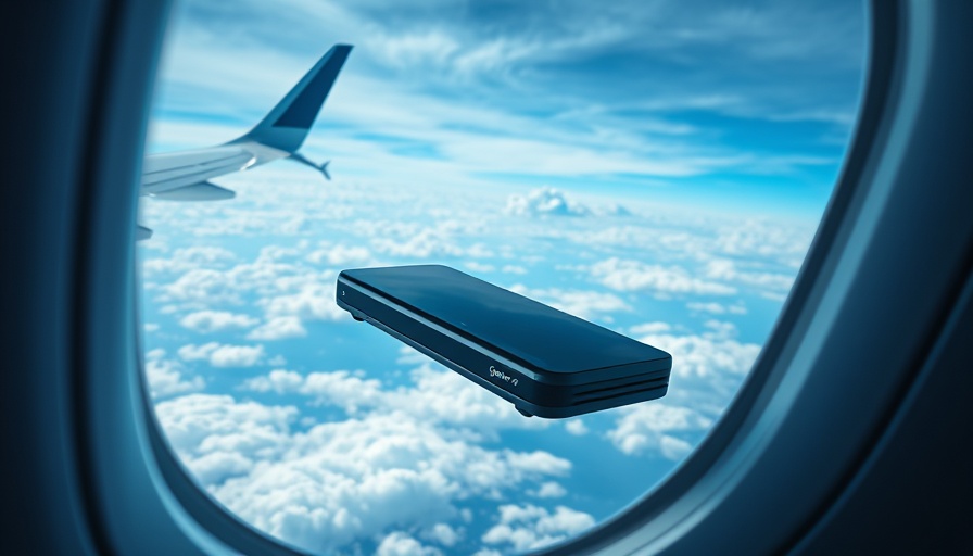 Futuristic consumer technology scene from airplane window.
