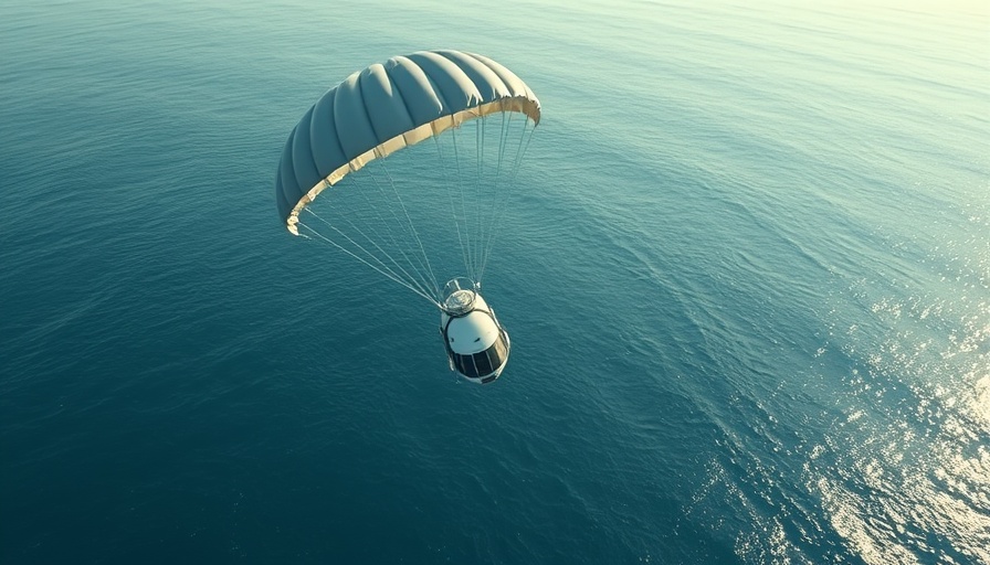 Space tourism capsule descends over ocean with parachutes.