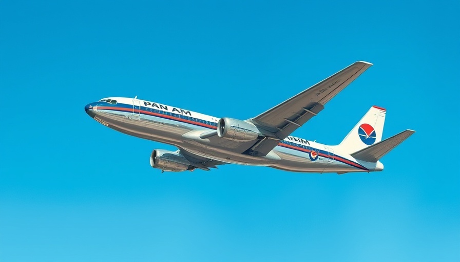 Historic Pan Am plane soaring in clear sky, symbolizing aerospace tariffs globalization.