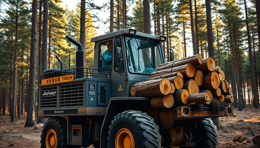 Japanese engineering vehicle in Ukraine transporting logs through a forest.