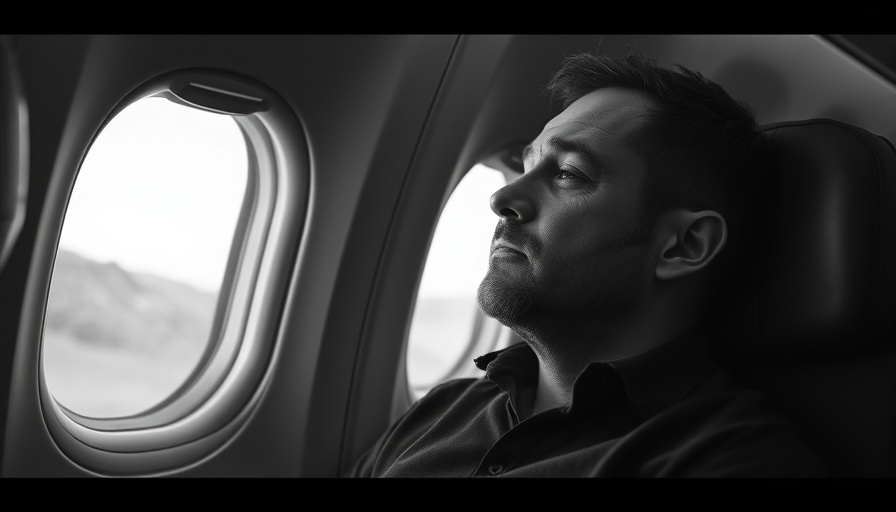 Contemplative man in airplane seat, signifying travel-related sleep disruption.