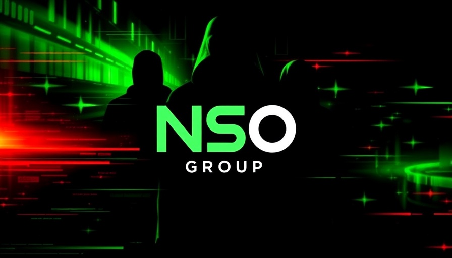 Abstract glitch art with NSO Group logo and silhouettes.