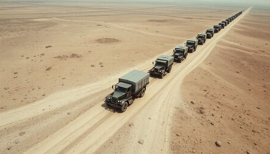 Aerial view of Russia's 70-year-old assault trucks in a barren landscape.