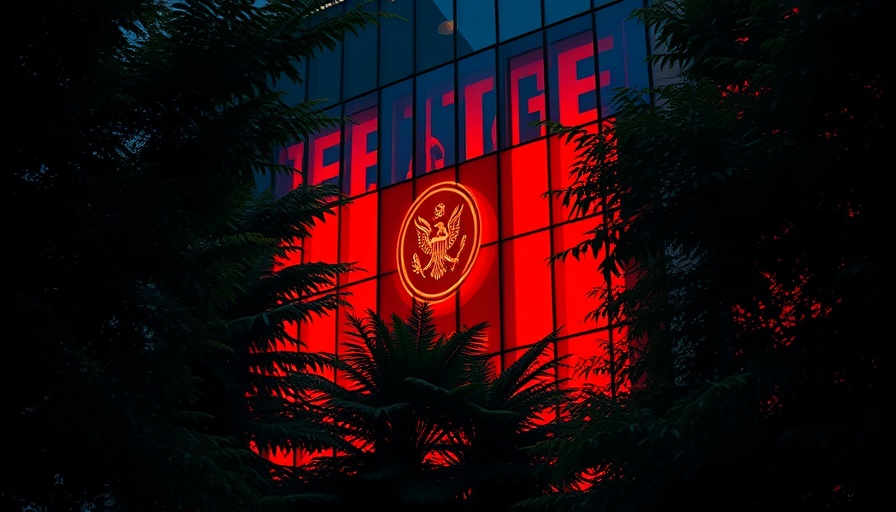 China influenced building facade with red lighting, intense atmosphere.