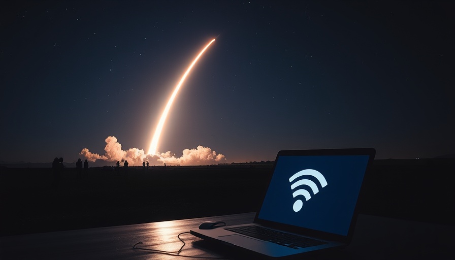 SpaceX Starlink satellites launch with Wi-Fi symbol on laptop at night.