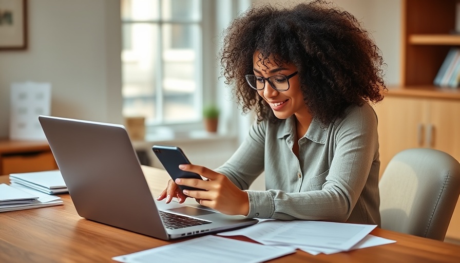 Woman using laptop and phone for cryptographic verification of tax documents.