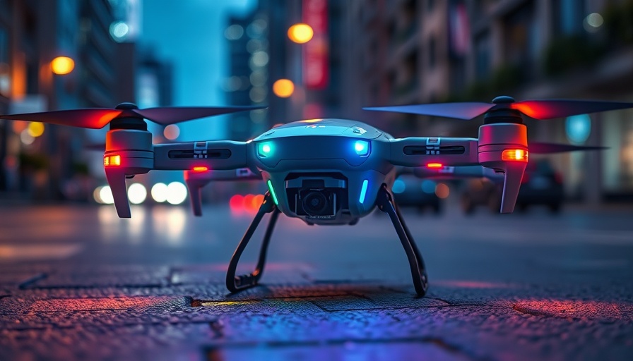 Futuristic autonomous drone with vibrant decals hovering at night.