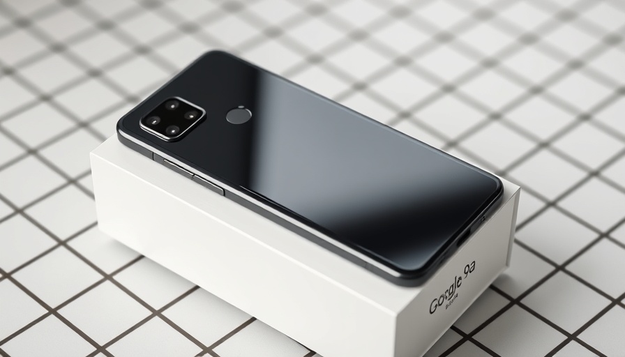 Sleek black Google Pixel 9a smartphone on box, grid background.
