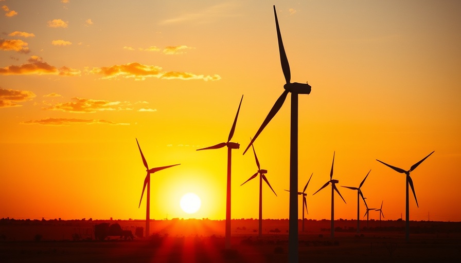 Vibrant Texas sunset with silhouetted wind turbines in clean energy market.