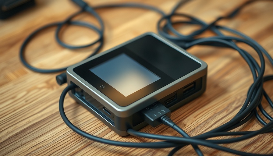 Electronic device with cables on a wooden table, modern technology setup.