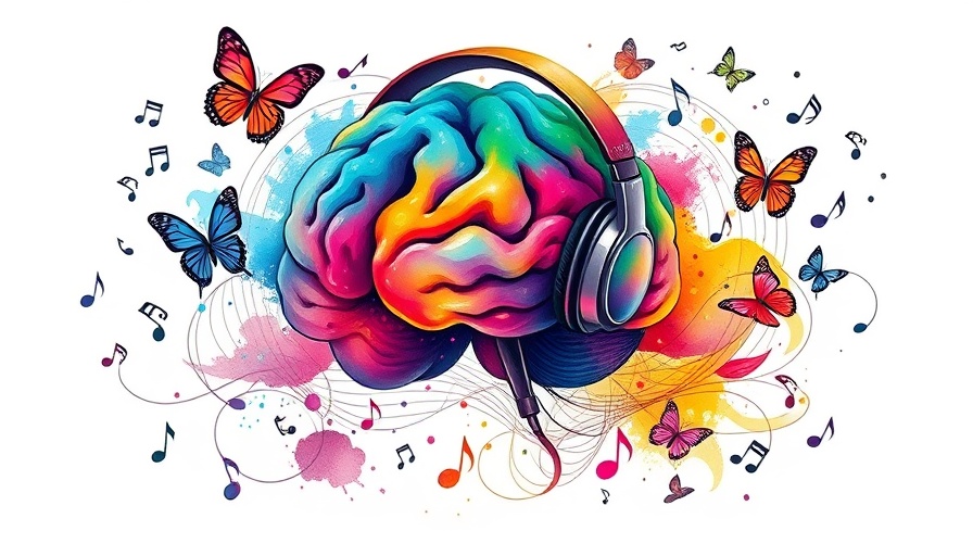 Colorful MusicTech and Mental Health illustration with brain and headphones.