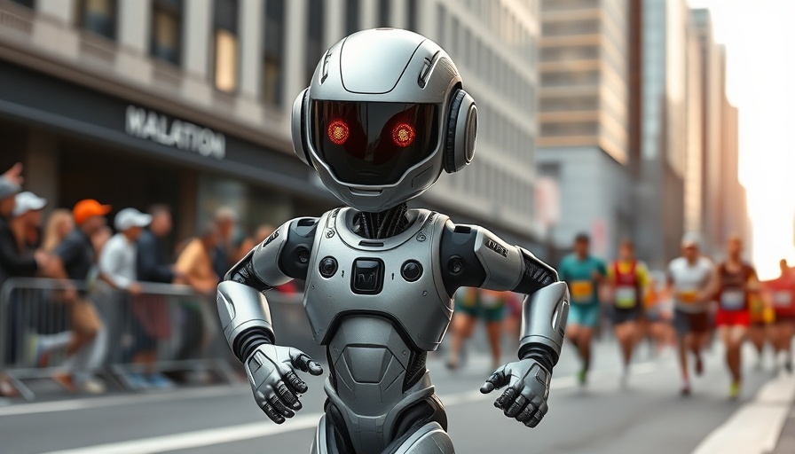 Humanoid robot running a half marathon in city marathon setting.
