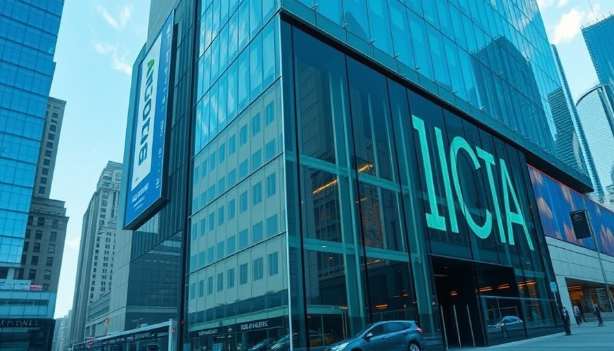 Glass building showcasing consumer technology logo with urban reflections.