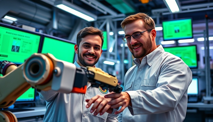 Engineers with robot arm in tech lab, robot learning with how-to videos.