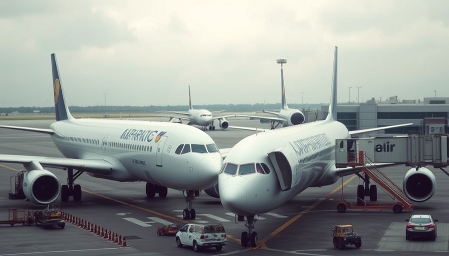 Airliners taxiing at a busy airport, showing the airline industry future.