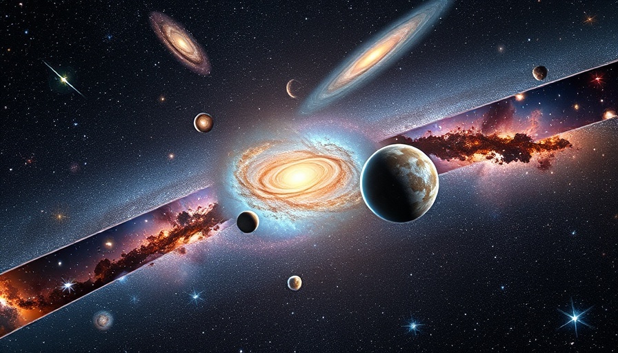 Collage of galaxies in space with stars, cosmic background.