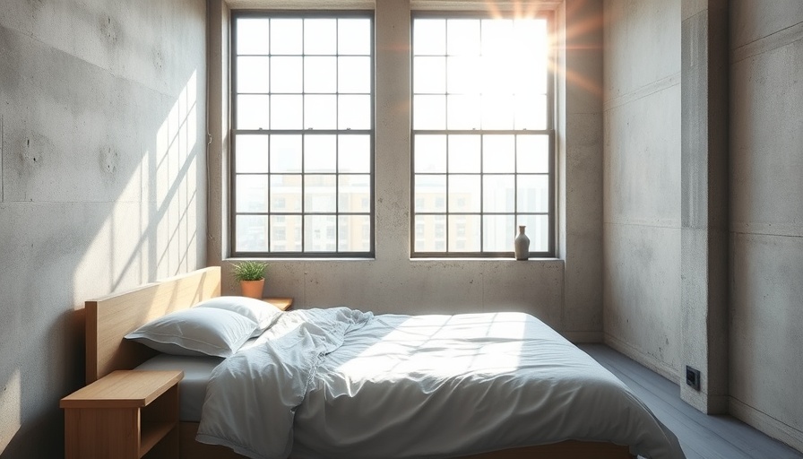 Minimalist bedroom with sunlight streaming onto a bed, linked to gamified sleep-tracking app.