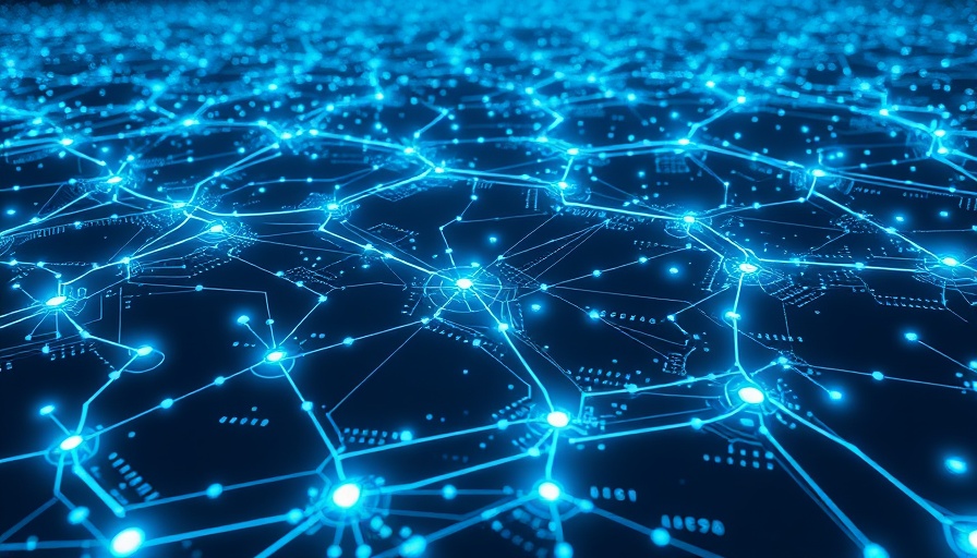 Futuristic landscape depicting in-memory computing AI network, glowing circuits.