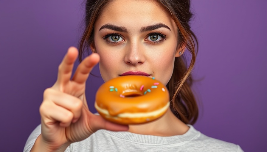 Young woman quitting sugar holding a donut with a determined expression.