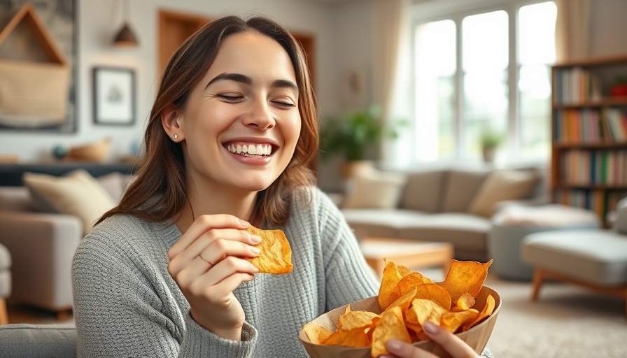 Young woman enjoying homemade gluten-free chips in cozy room.