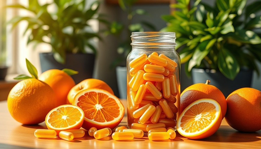 Best vitamin C supplement jar with fresh citrus and plants.