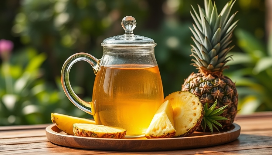 Glass teapot with pineapple tea and slices in a garden setting.
