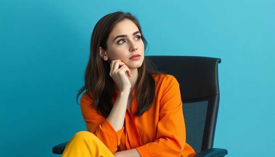 Thoughtful woman on office chair, contrasting colors.