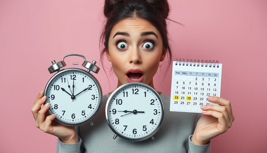 Confused woman with clock and calendar expressing missed period.