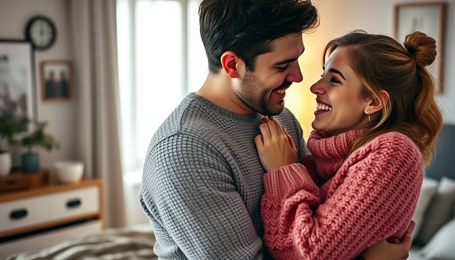 Intimate couple embracing playfully in a cozy bedroom