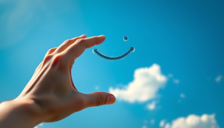 Hand drawing a smile in the sky, symbolizing mindfulness and happiness.