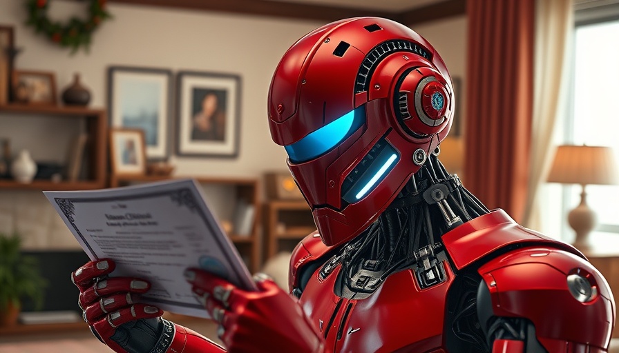 Futuristic red robot holding a certificate indoors