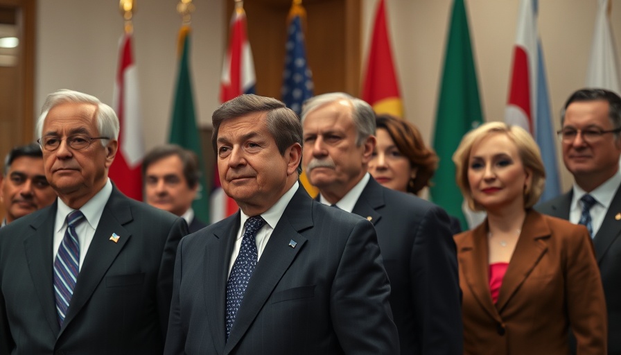 Political figures in formal setting with flags, formal expressions.