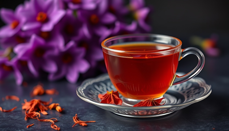 Vibrant cup of saffron tea with purple flowers, showcasing saffron tea benefits.