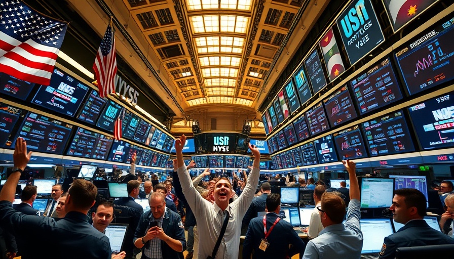 Lively stock exchange floor, traders celebrating the commercial space revolution.