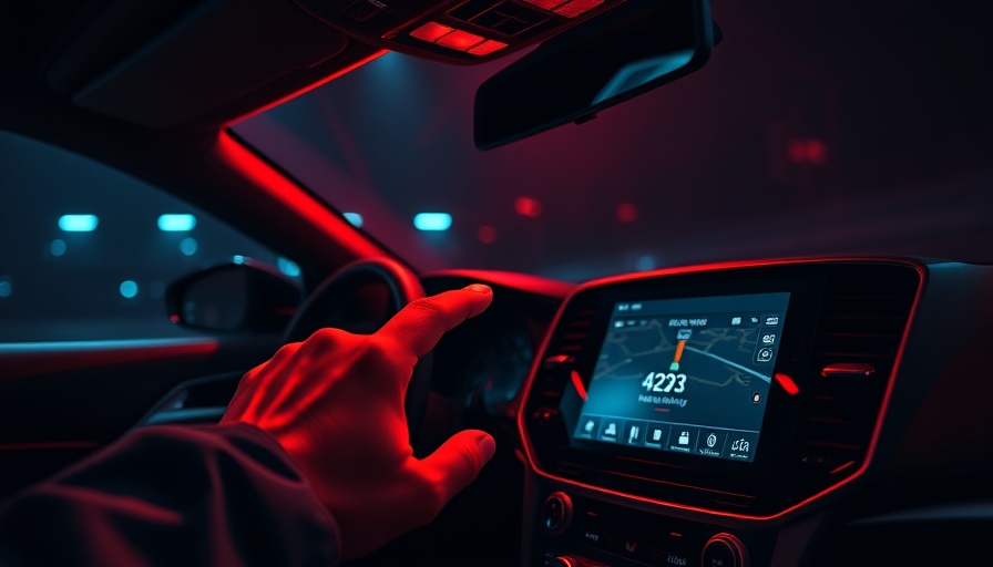 Car interior with GPS screen under moody red lighting, surveillance risk.