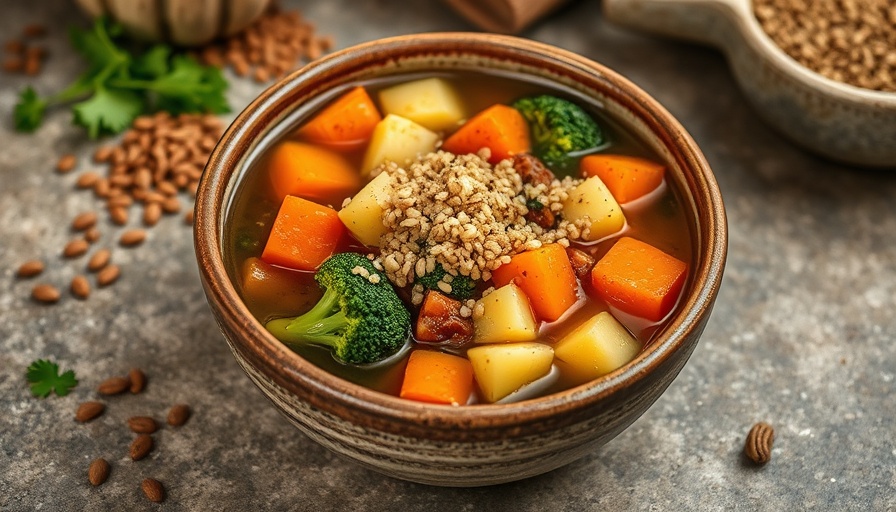 Quinoa vegetable soup recipe in rustic bowl on kitchen counter.
