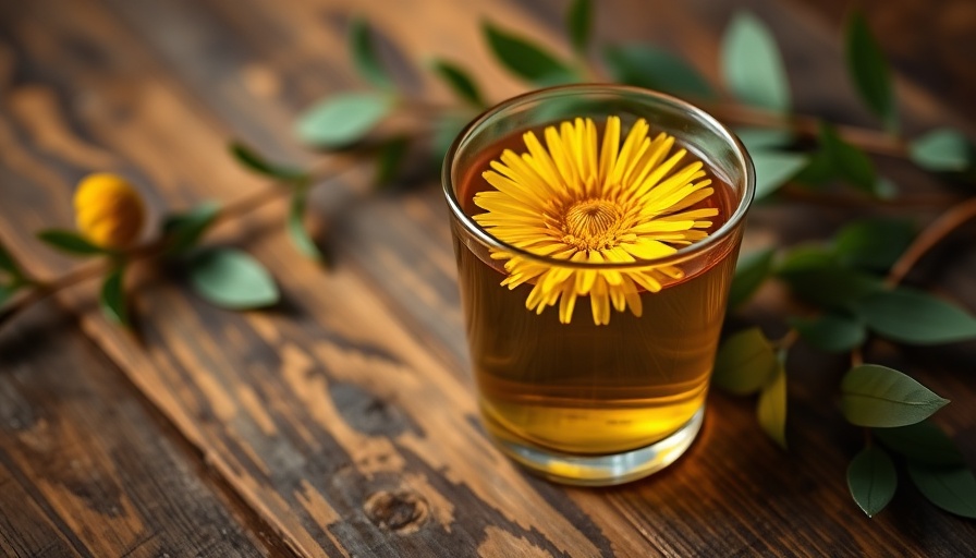 Glass of dandelion tea on wooden table for weight loss.