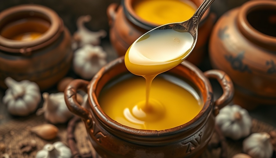 Best ghee in India being poured into a clay pot, traditional setting.