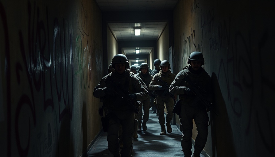 Soldiers advancing in graffiti covered corridor, capturing tense moment in Ukraine.