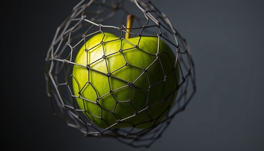 Green apple trapped in wire mesh, abstract technology concept.