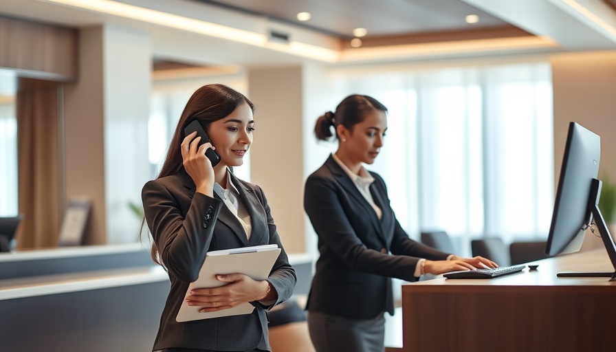 Hotel receptionists working in a modern lobby, highlighting AI impact on managers.