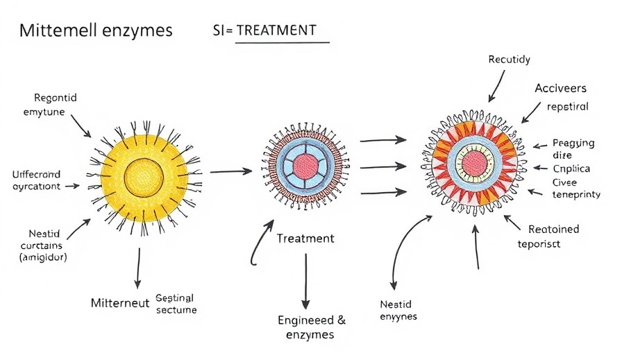 Engineered enzymes in mitochondrial disease treatment diagram, labeled pathways.